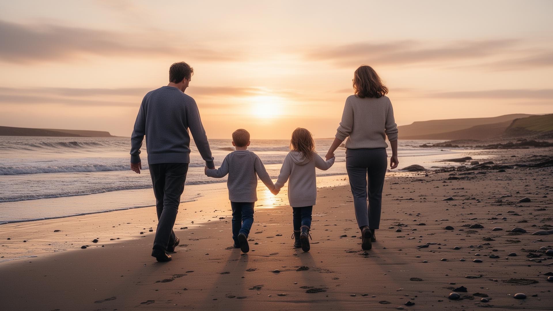 A family of four walking together along a Northern Irish beach at sunset