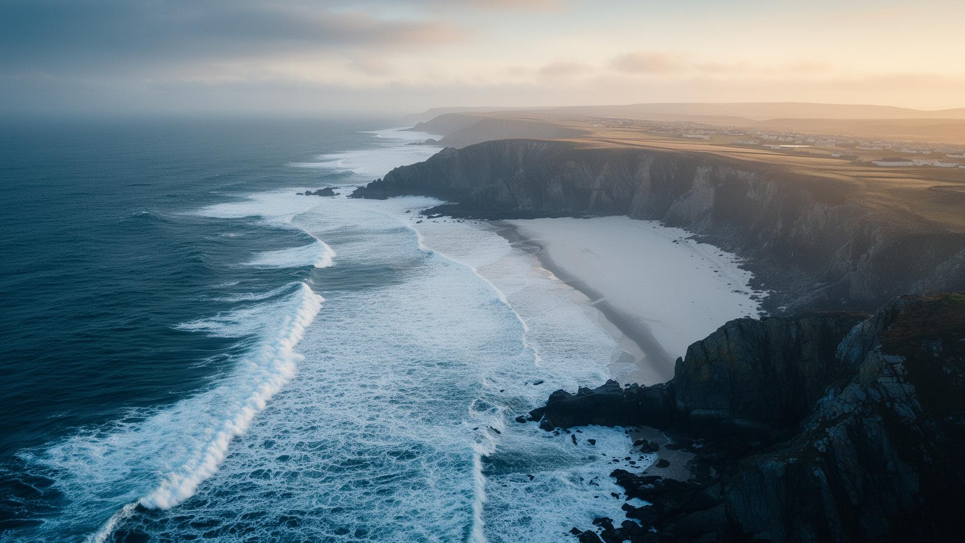 Atlantic waves meeting the cliffs of the Portrush coastline at golden hour